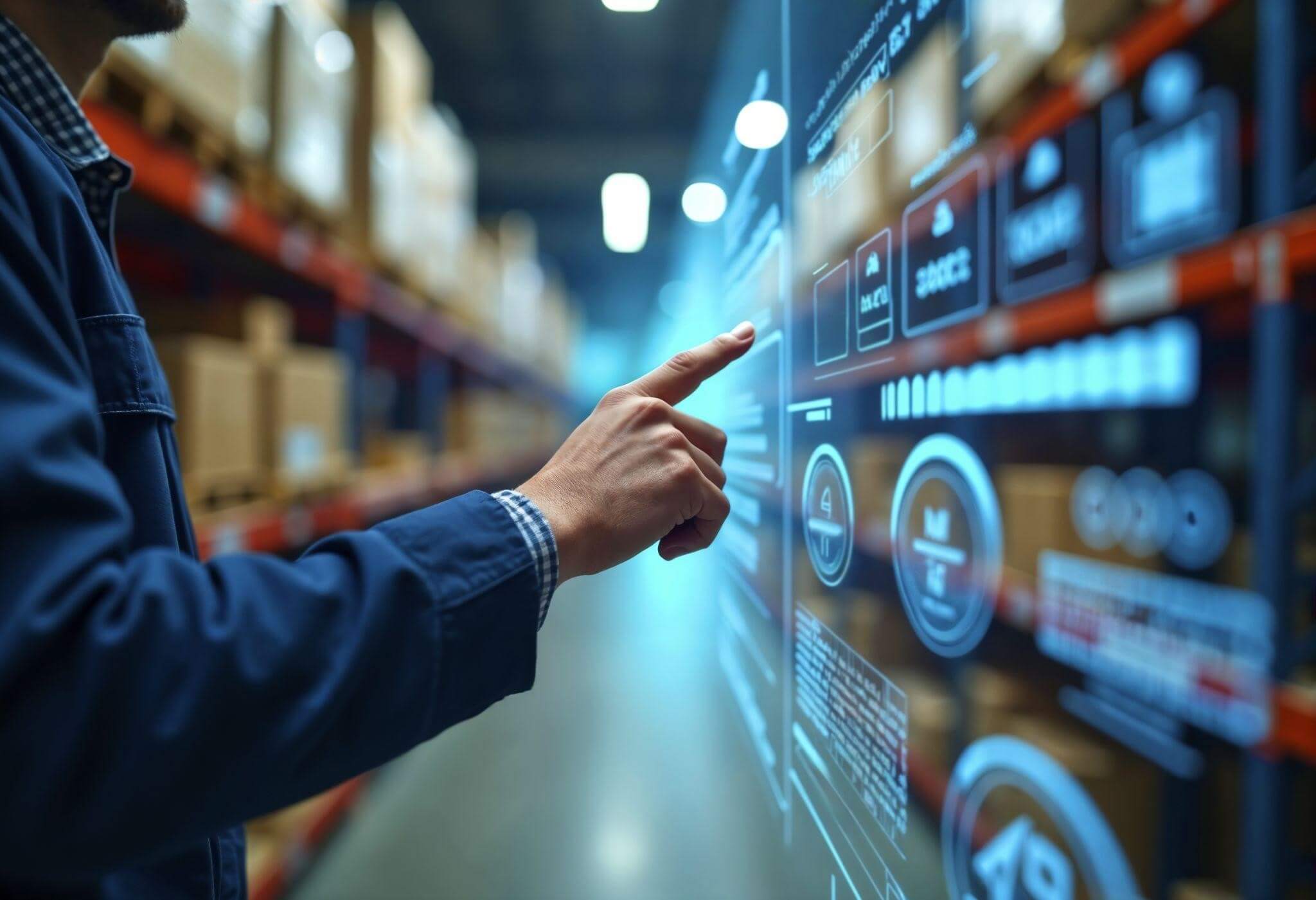 Operador usando tecnologias em um armazém logístico como forma de automatização de processos.