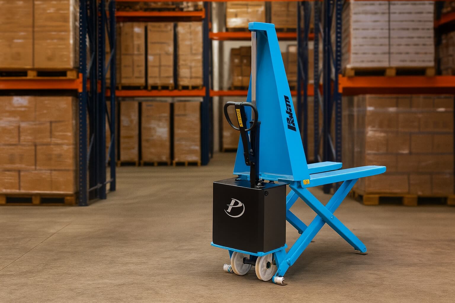 carro pantográfico em um armazém logístico.