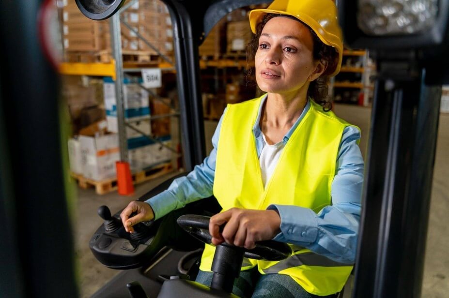 Uma mulher atuando como operador de empilhadeira trabalha no interior de um galpão logístico. Ela está sentada na cabine do veículo, segurando o volante com a mão esquerda e operando uma alavanca de controle com a mão direita. Ela veste uma camisa azul de mangas compridas, um colete reflexivo amarelo por cima e usa um capacete de segurança amarelo na cabeça. O fundo mostra prateleiras industriais com caixas empilhadas.