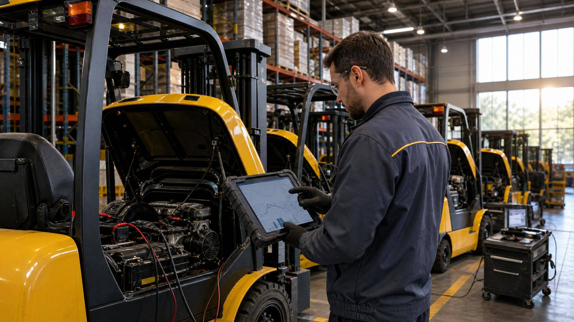 Técnico especializado em manutenção de empilhadeiras realiza avaliação no veículo.