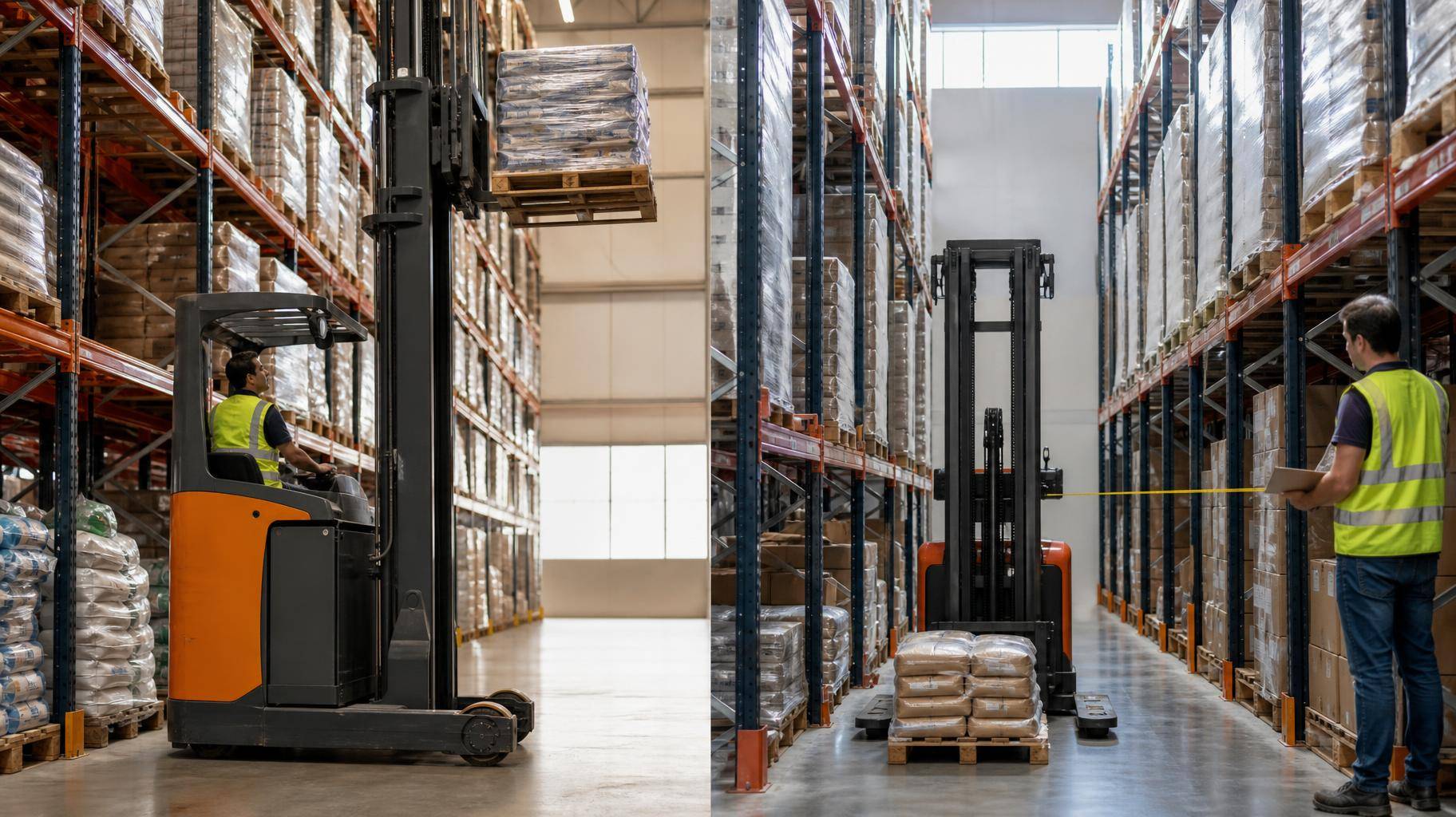 Empilhadeira retrátil ou patolada? Compare corredor, altura, palete e capacidade residual para definir a máquina certa para o armazém.