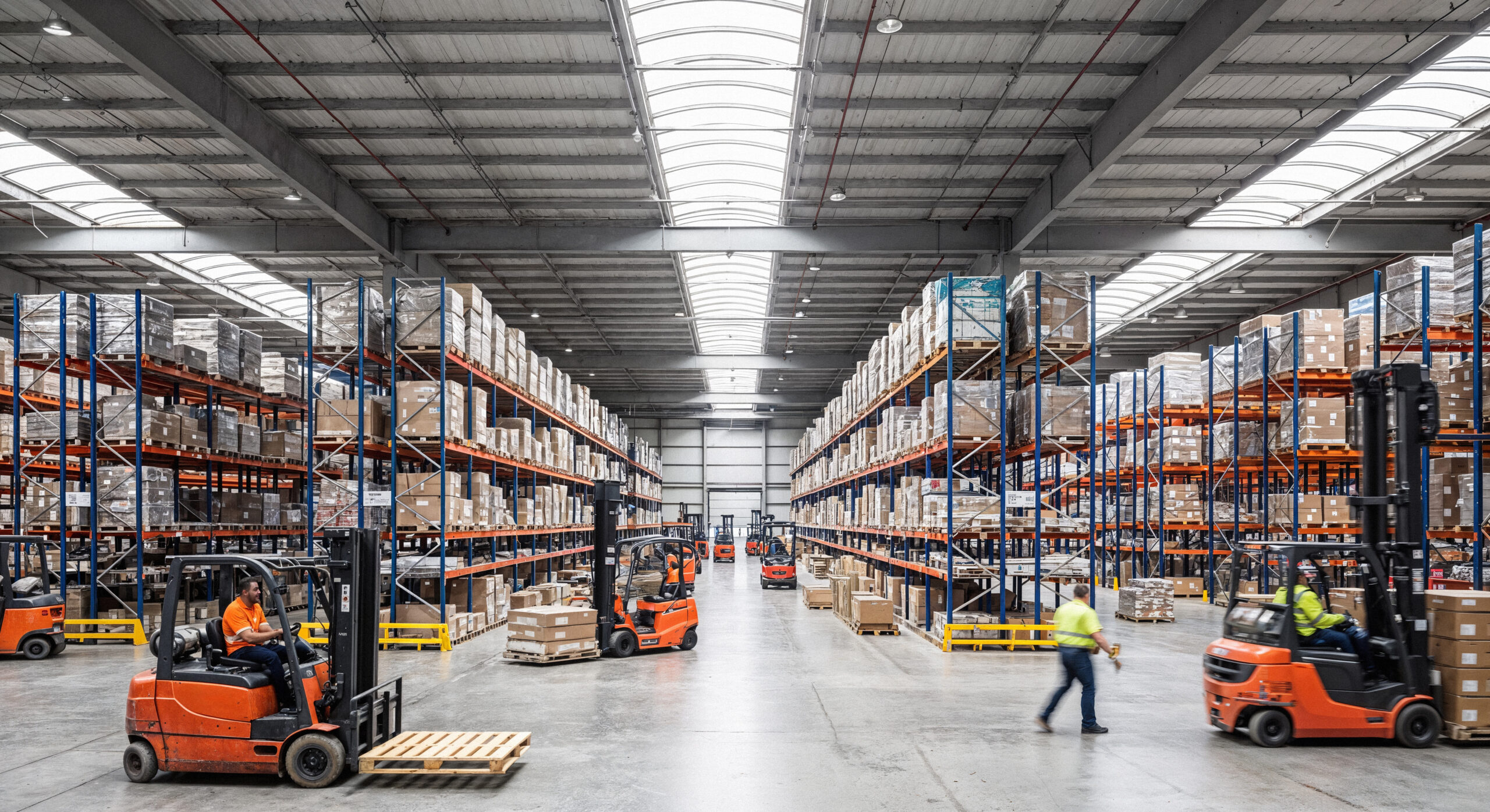 Armazém, empilhadeiras, pallets